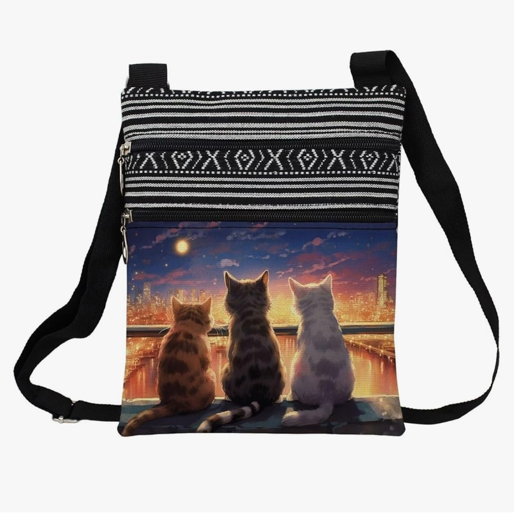 Adorable Cats Messenger Bag Ethnic Pattern Printed Adjustable Strap Crossbody